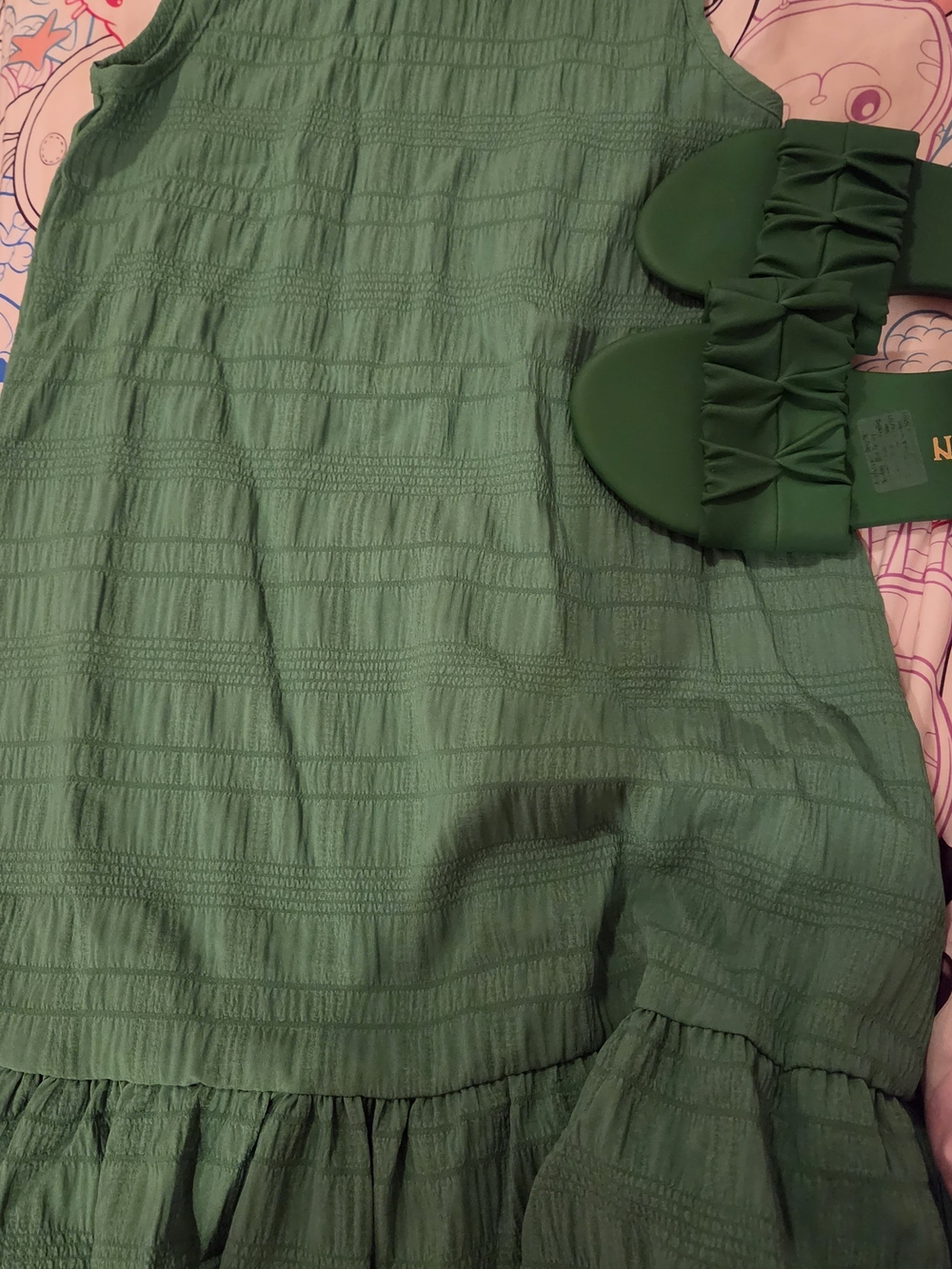 Girls' Green Textured Summer Dress With Sandels Dress Size 7 And Sandels Size 1
